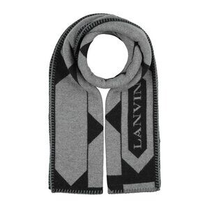 Lanvin Paris Wool Scarf Gray Black Geometric Logo Fringe NEW